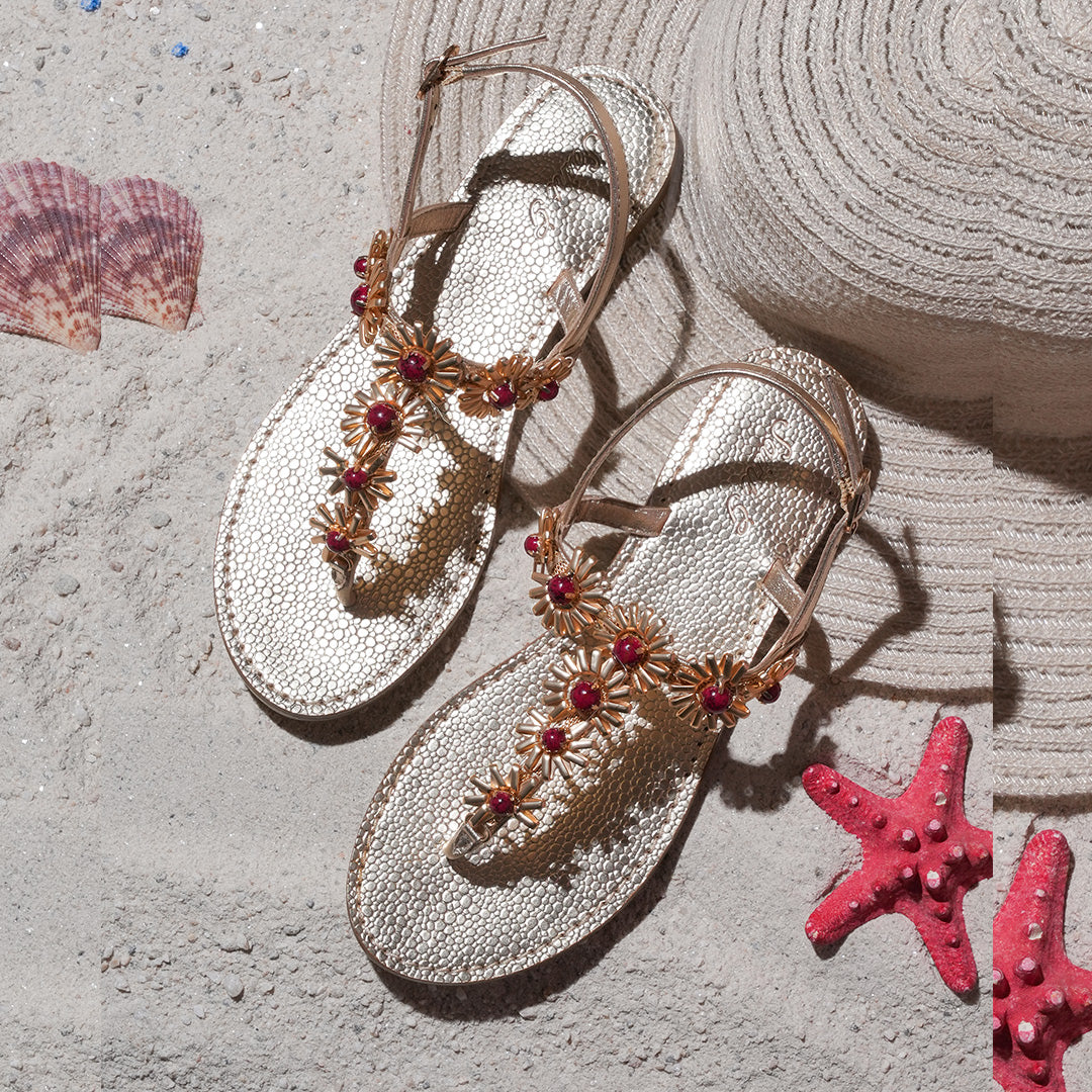 Saint Freesia Red Flower Gold Leather Sandals