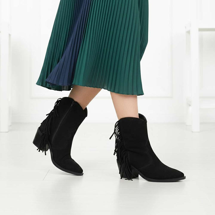 Saint Manon Black Suede Leather Fringe Ankle Boots