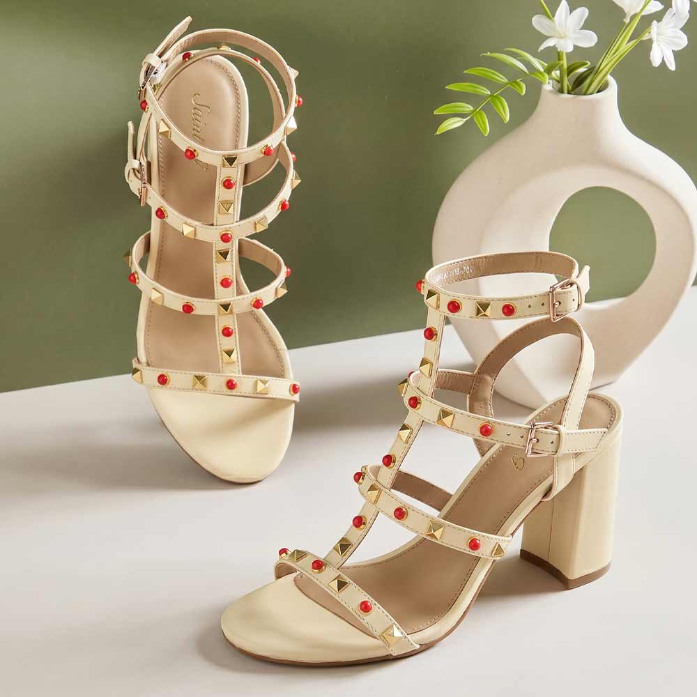 Saint Lucien Off White Leather Studded Gladiator Block Heels