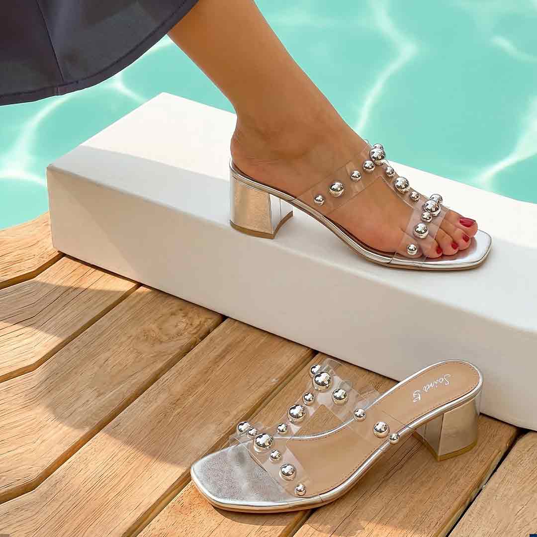 Saint Ottilie Stud Embellished Silver Block Heels