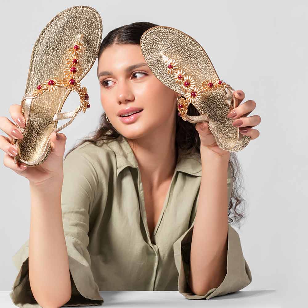 Saint Freesia Red Flower Gold Leather Sandals