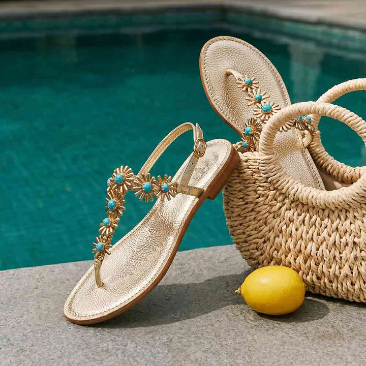 Saint Freesia Turquoise Flower Gold Leather Sandals
