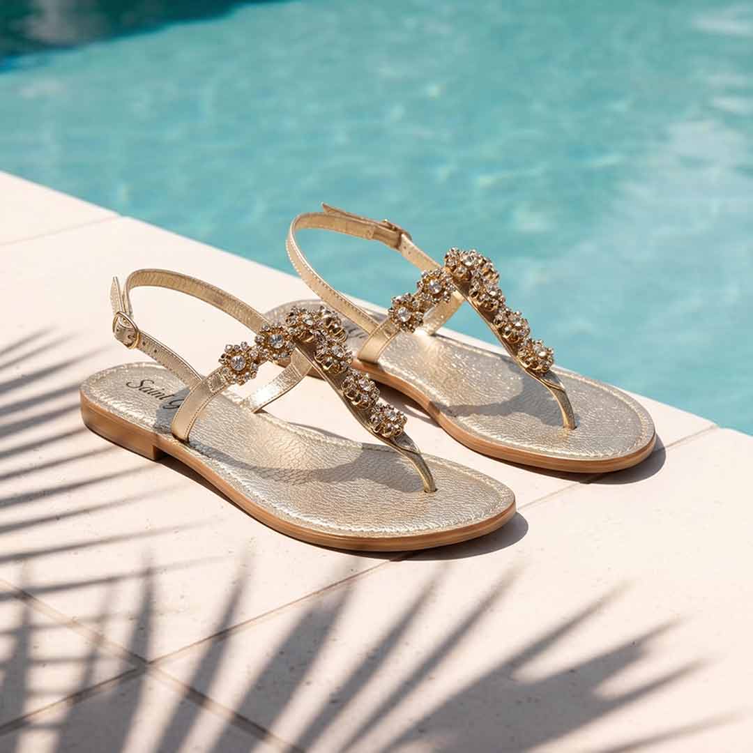 Saint Freesia Crystal Flower Gold Leather Sandals