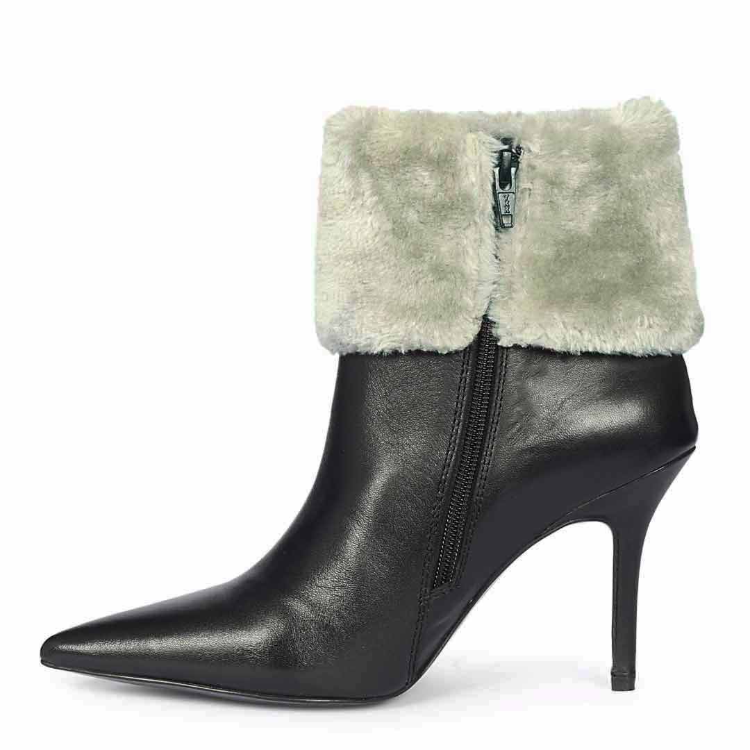 Saint Solveig Grey Fur Cuff Black Leather Ankle Boots