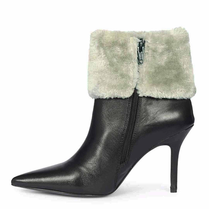 Saint Solveig Grey Fur Cuff Black Leather Ankle Boots