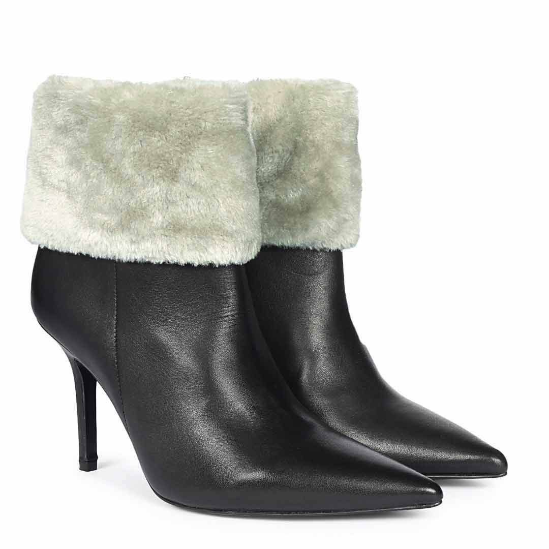 Saint Solveig Grey Fur Cuff Black Leather Ankle Boots