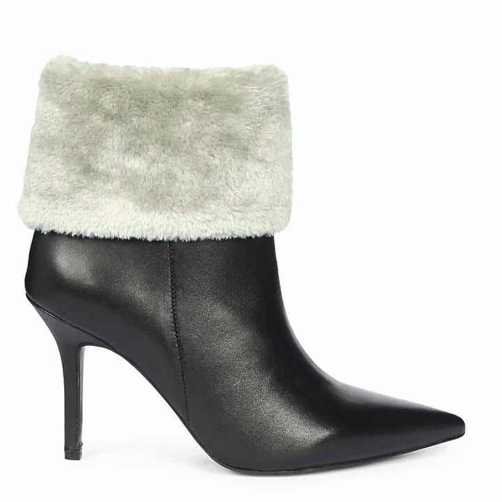 Saint Solveig Grey Fur Cuff Black Leather Ankle Boots