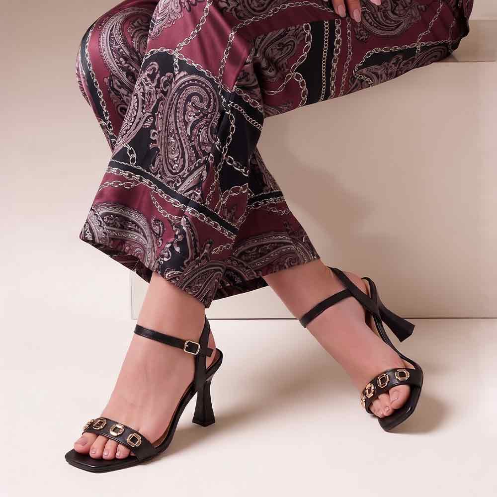 Saint Dahlia Gold Flower Eyelets Black Leather Heels