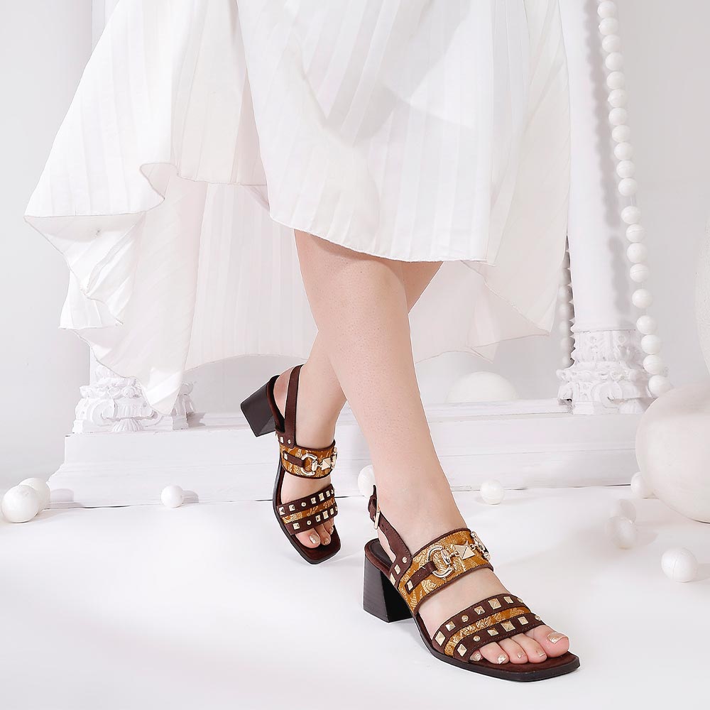 Saint Edie Embellished Metallic Brown Leather Block Heel
