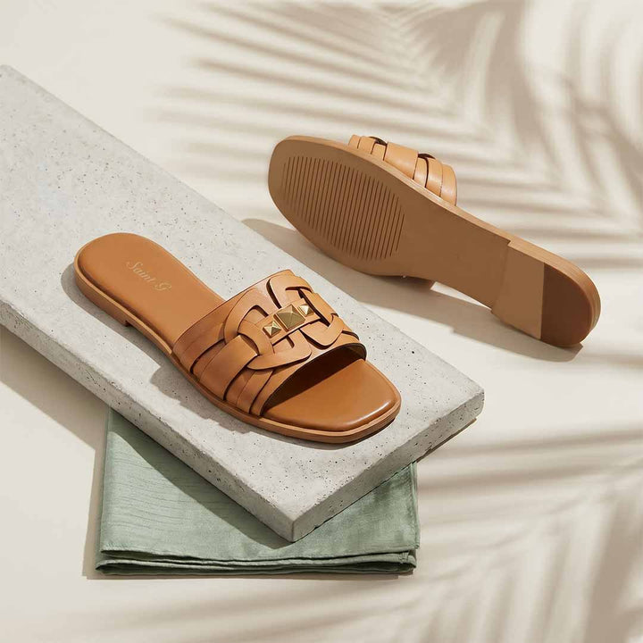 Saint Tyla Tan Leather Pyramid Stud Slides