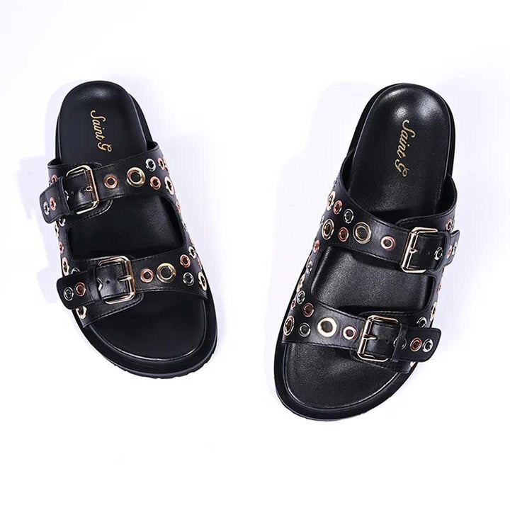 Saint Grethe Eyelets Black Leather Footbed Sandals