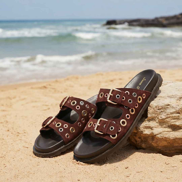 Saint Grethe Eyelets Bordo Suede Leather Footbed Sandals
