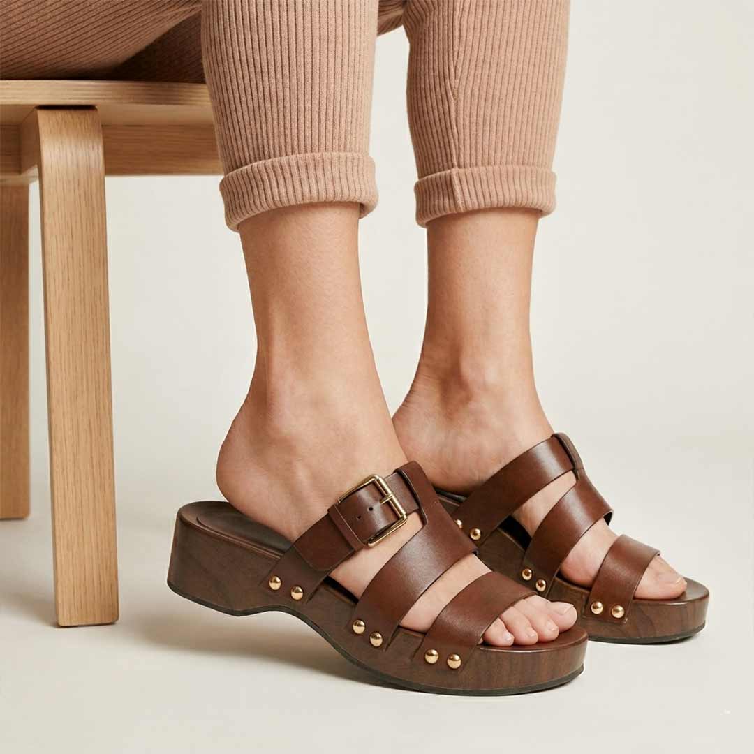 Saint Valene Buckle Brown Leather Platform Sandals