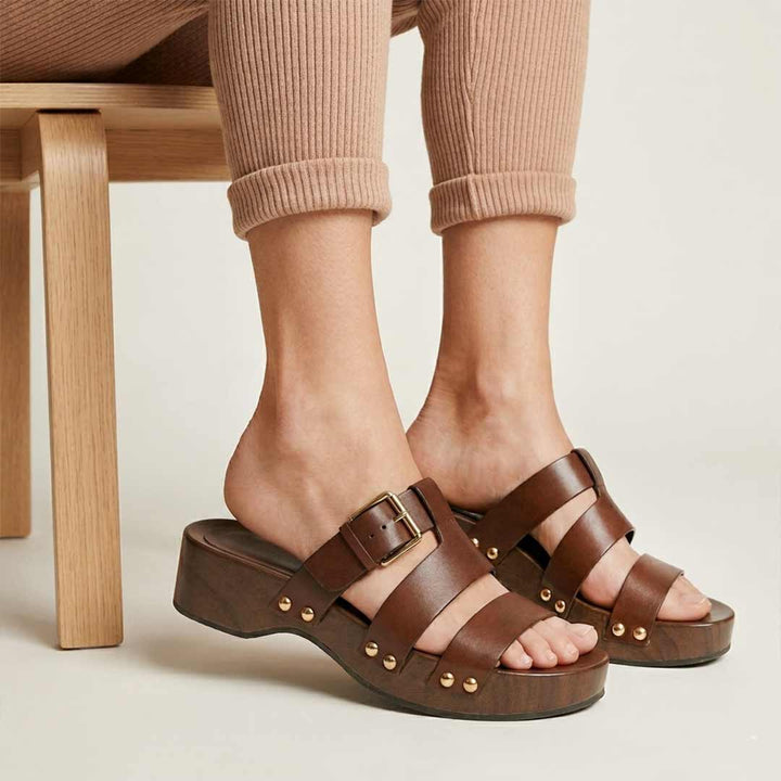 Saint Valene Buckle Brown Leather Platform Sandals