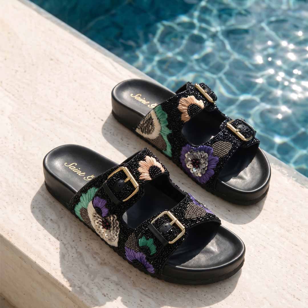 Saint Clio Hand Embroidered Black Leather Footbed Sandals