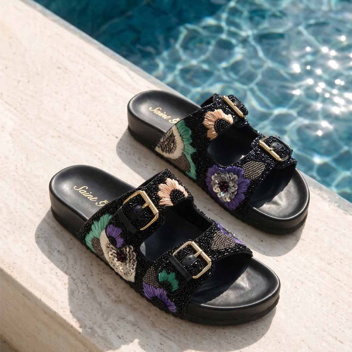 Saint Clio Hand Embroidered Black Leather Footbed Sandals