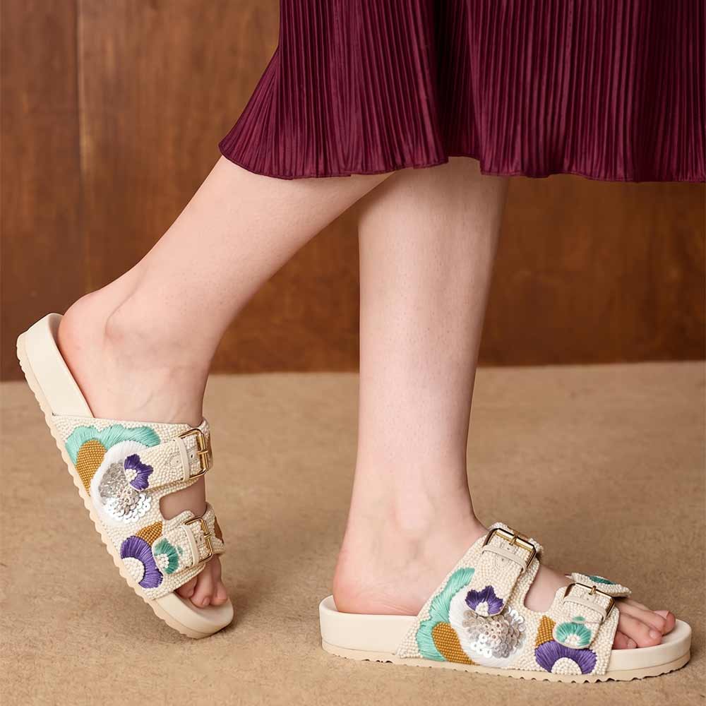 Saint Clio Hand Embroidered Leather Footbed Sandals