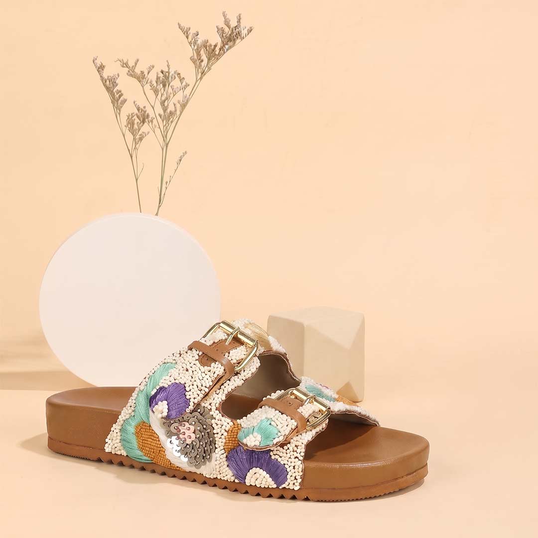 Saint Clio Hand-Embroidered Tan Leather Footbed Sandals