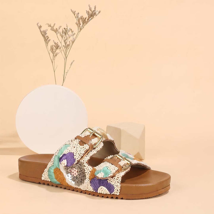 Saint Clio Hand-Embroidered Tan Leather Footbed Sandals