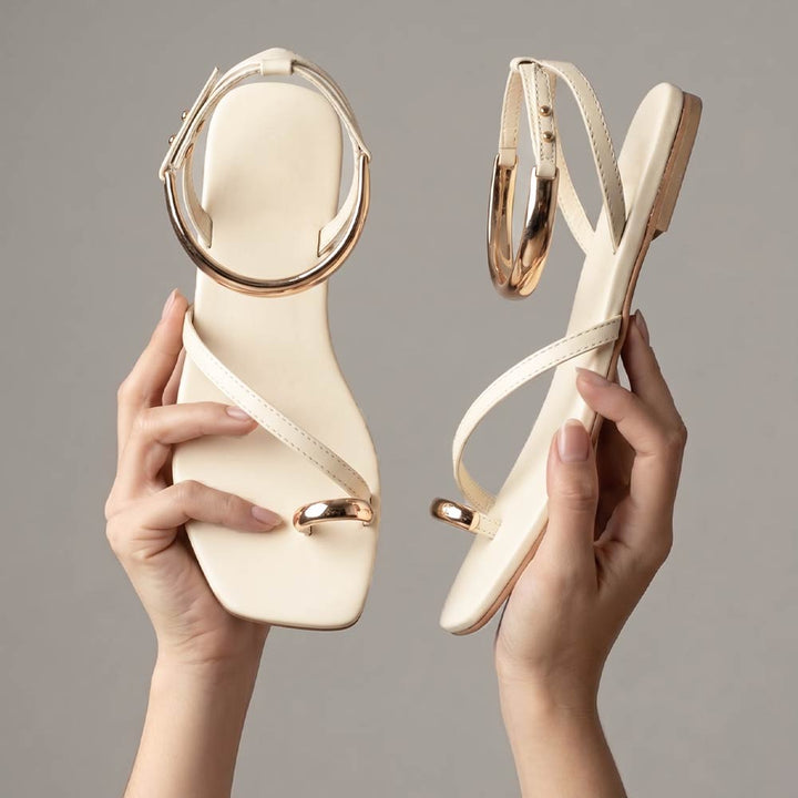 Saint Zinovia Gold-Trim Off White Leather Sandals