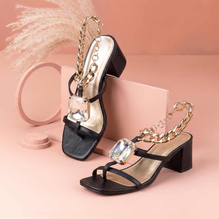 Saint Gaelle Black Leather Crystal Chain Block Heels