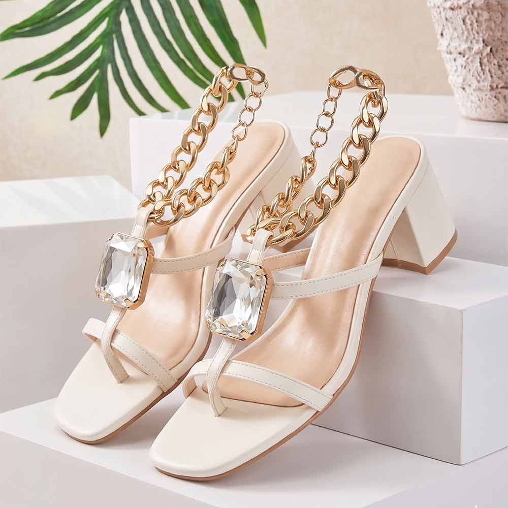 Saint Gaelle Crystal Off White Leather Chain Block Heels