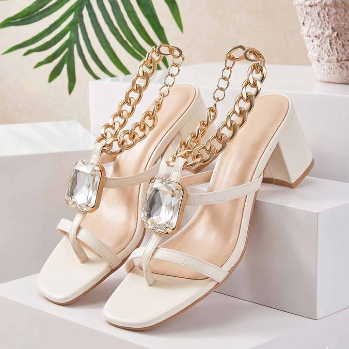 Saint Gaelle Crystal Off White Leather Chain Block Heels
