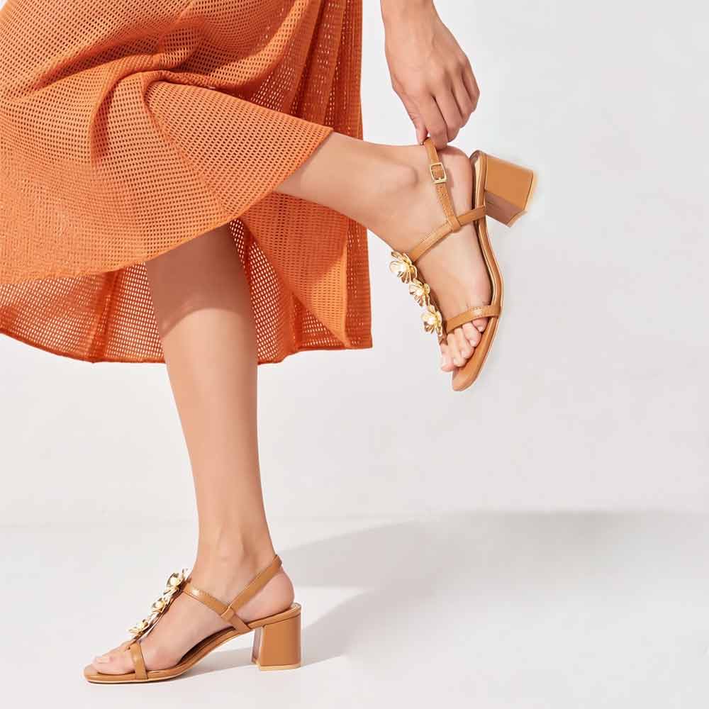 Saint Dorian Gold Flower Tan Leather Block Heels