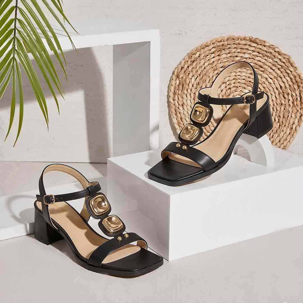 Black Leather Block Heels for Women