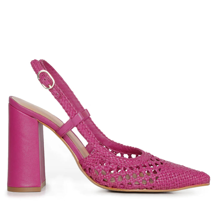 Chic and comfortable! SAINT MALEA's hot pink hand woven leather block heels for a trendy and stylish look