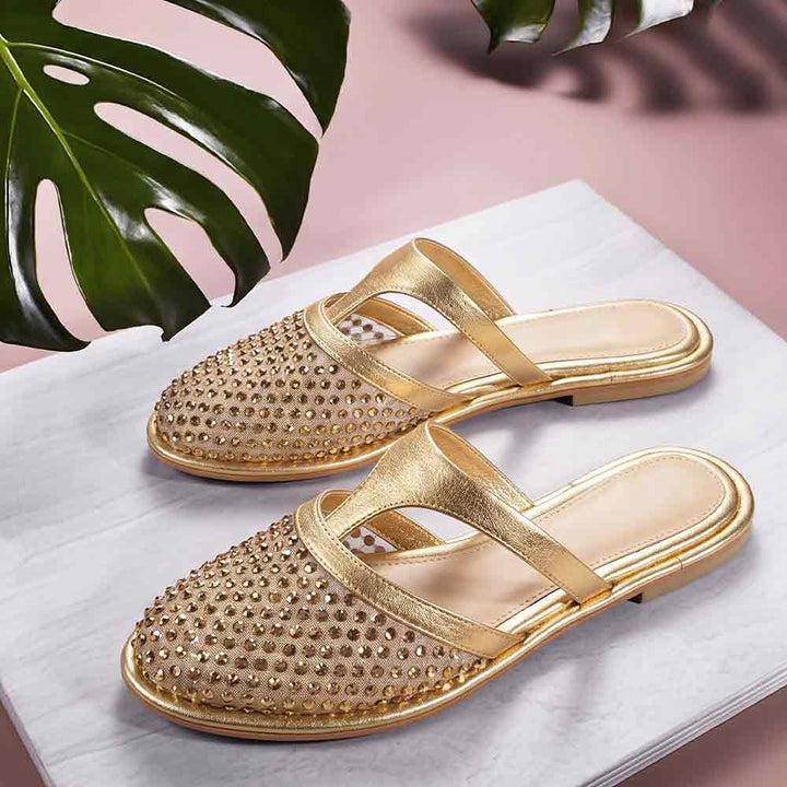 Saint Nerissa Crystal Mesh Gold Leather Mule Flats