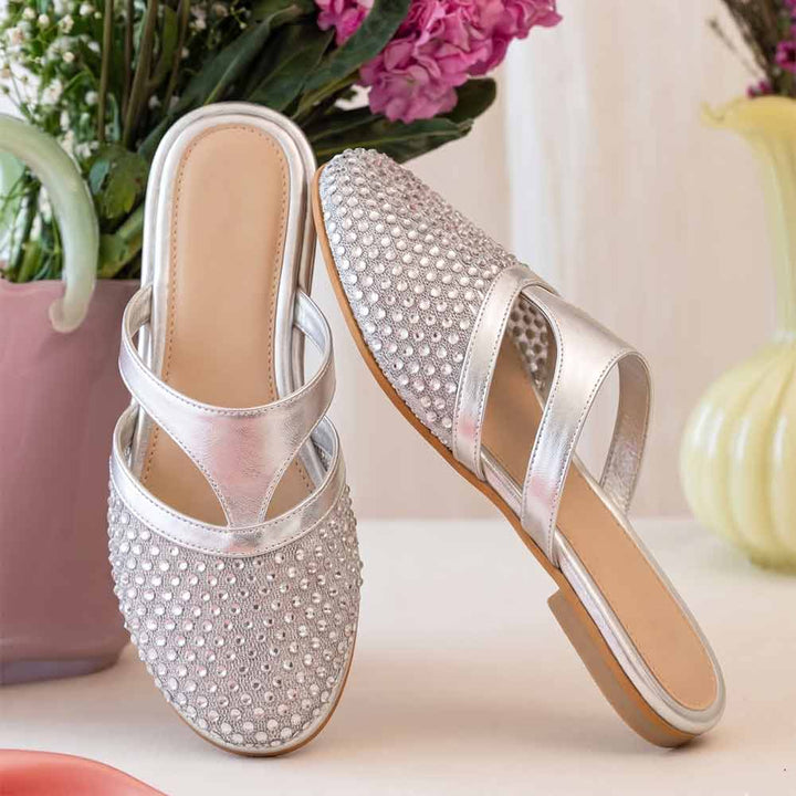 Saint Nerissa Crystal Mesh Silver Leather Mule Flats