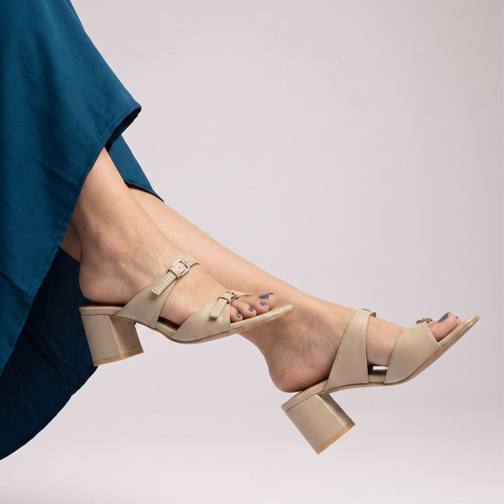 Saint Ellery Buckle Beige Leather Block Heel Sandals