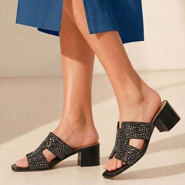 Saint Saylor Crystal Black Leather Block Heels