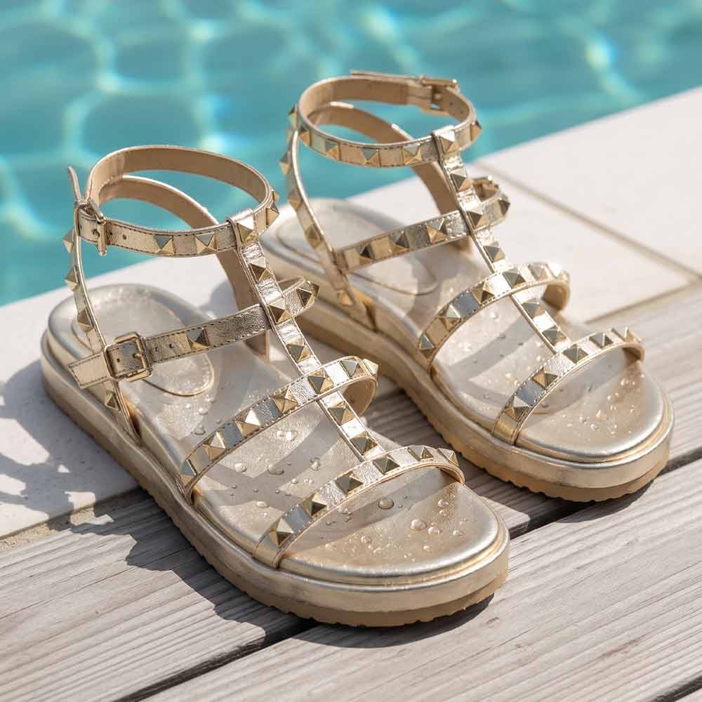 Saint Tessa Platin Studded Leather Footbed Sandals