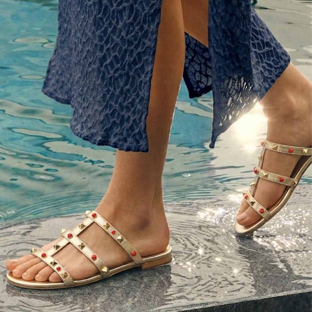 Saint Valene Studded Metallic Gold Leather Flats