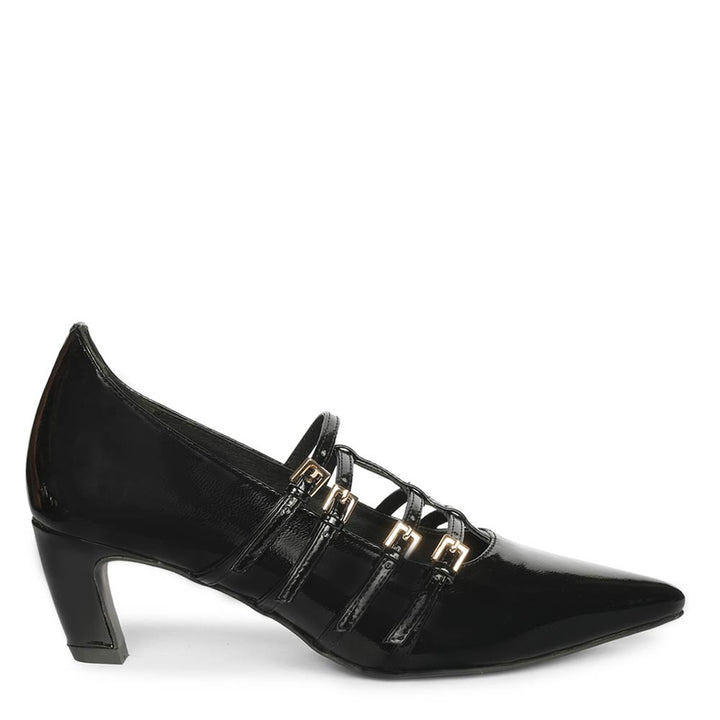Saint Faith Gold Buckle Black Patent Crinkle Pumps