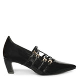 Saint Faith Gold Buckle Black Patent Crinkle Pumps