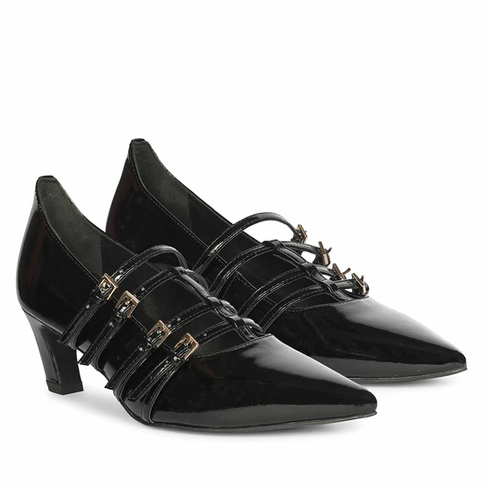 Saint Faith Gold Buckle Black Patent Crinkle Pumps