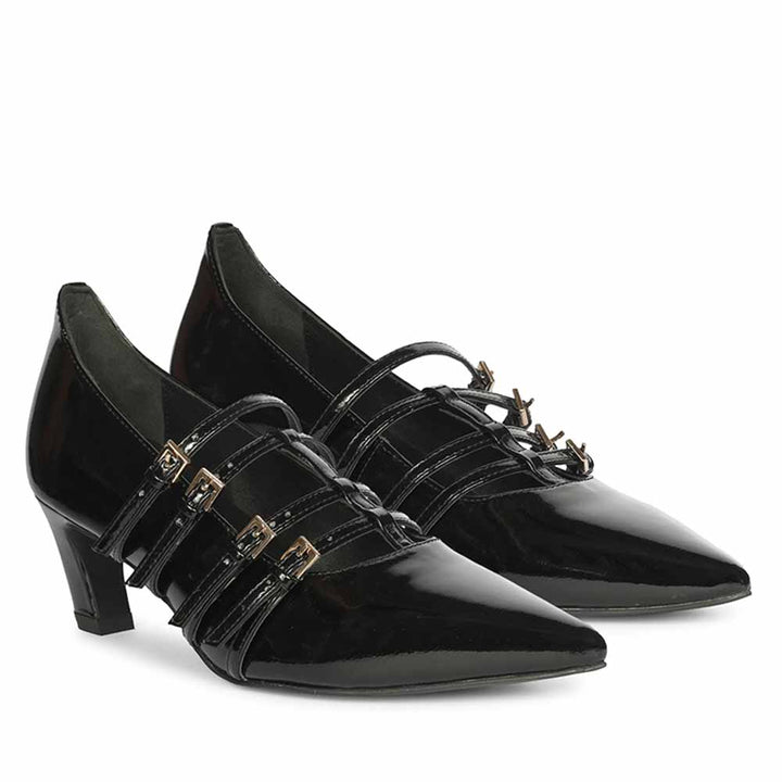 Saint Faith Gold Buckle Black Patent Crinkle Pumps