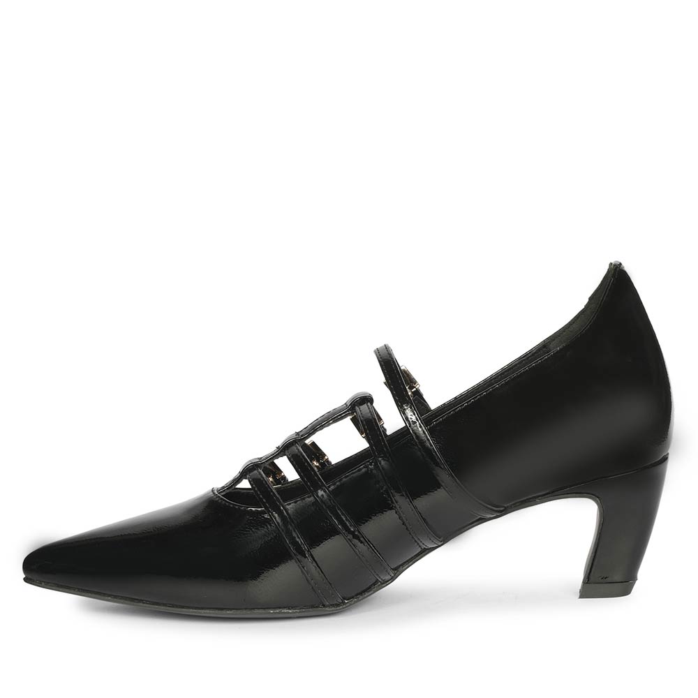 Saint Faith Gold Buckle Black Patent Crinkle Pumps