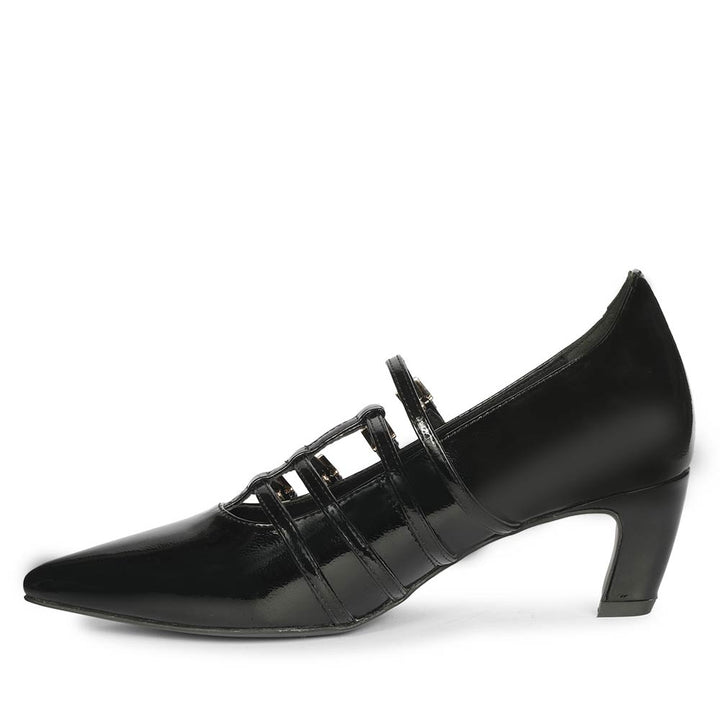 Saint Faith Gold Buckle Black Patent Crinkle Pumps
