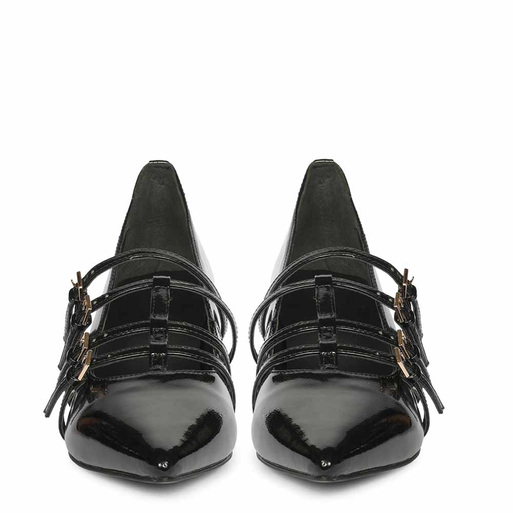 Saint Faith Gold Buckle Black Patent Crinkle Pumps