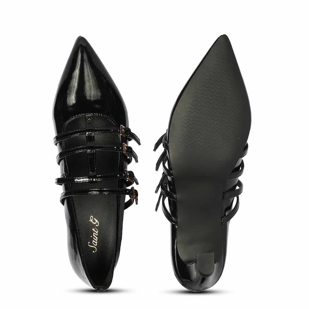 Saint Faith Gold Buckle Black Patent Crinkle Pumps