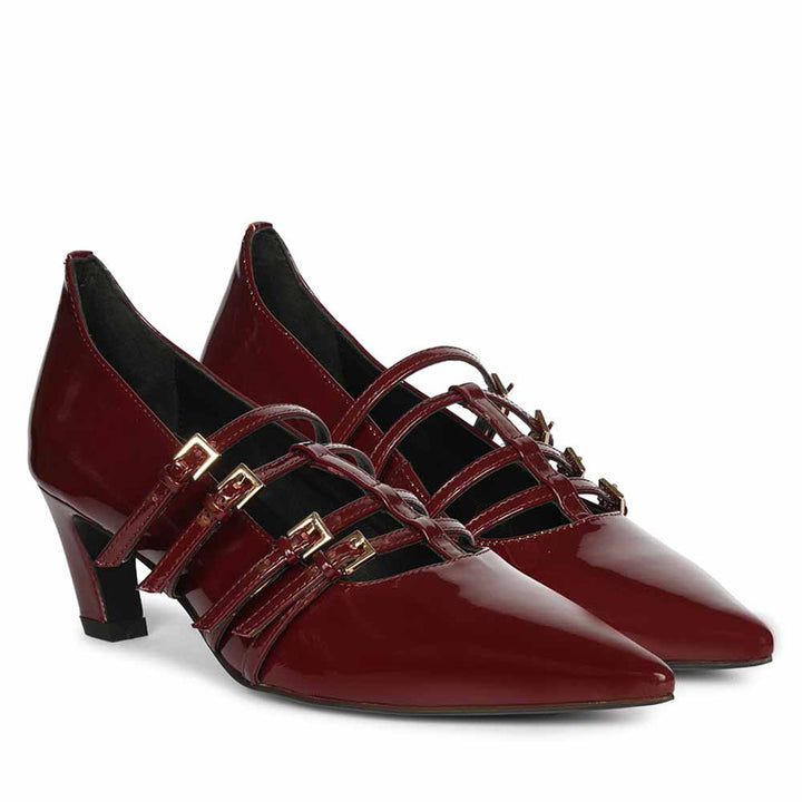 Saint Faith Gold Buckle Wine Patent Crinkle Pumps