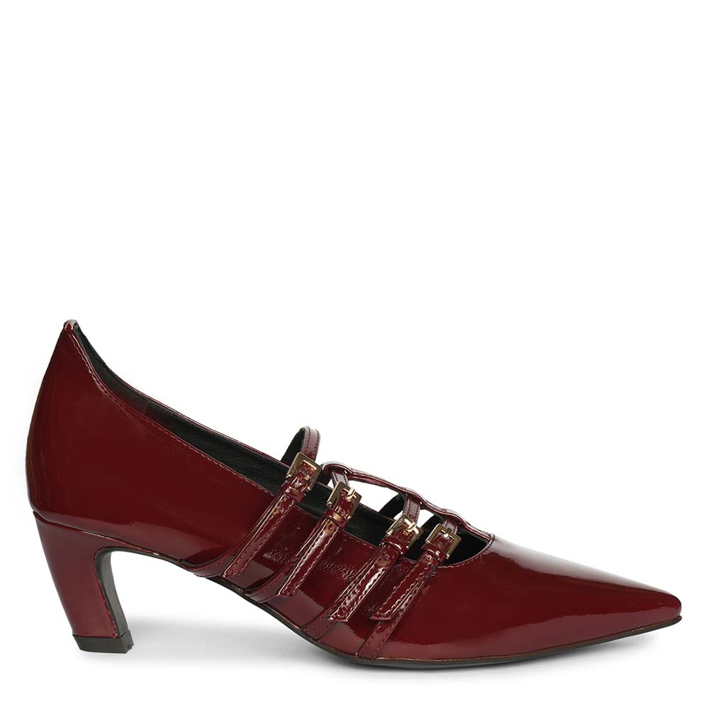 Saint Faith Gold Buckle Wine Patent Crinkle Pumps