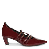 Saint Faith Gold Buckle Wine Patent Crinkle Pumps