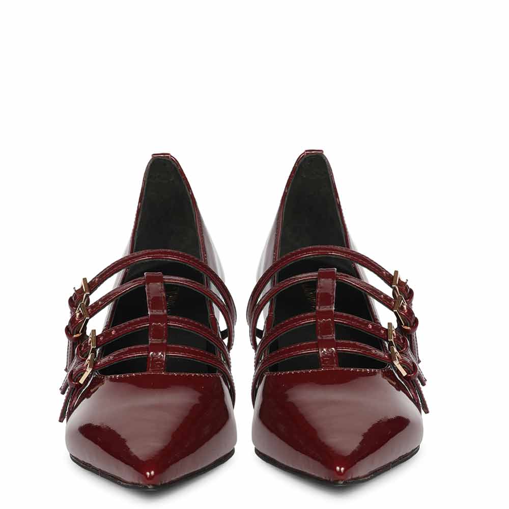 Saint Faith Gold Buckle Wine Patent Crinkle Pumps