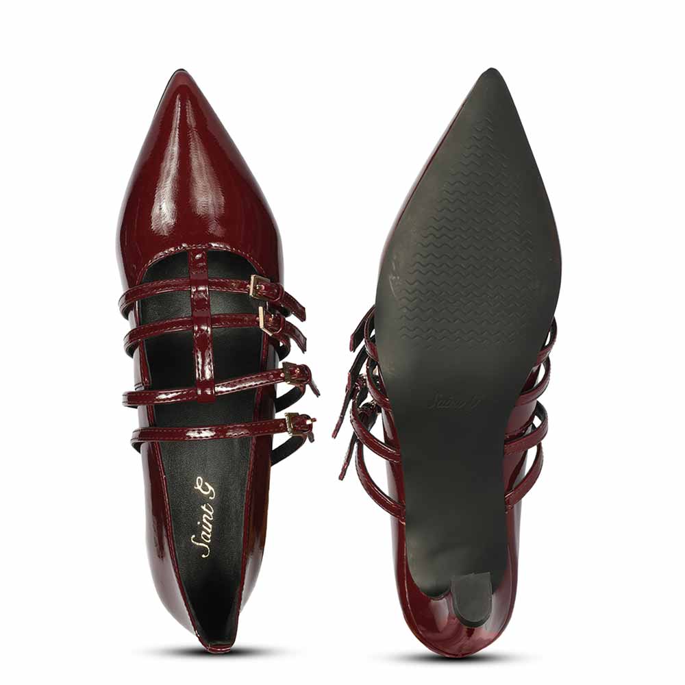 Saint Faith Gold Buckle Wine Patent Crinkle Pumps