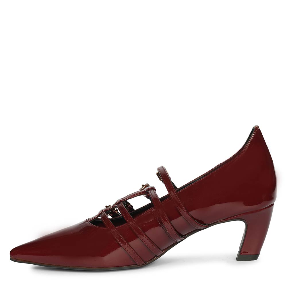 Saint Faith Gold Buckle Wine Patent Crinkle Pumps